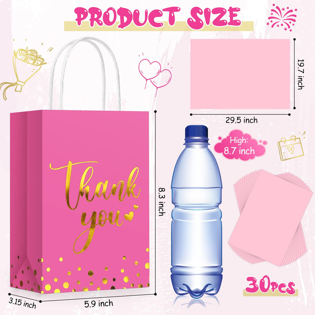 Tinlade 30 Pcs Thank You Gift Bags with Tissue Paper Gold Thank You Wedding Bags with Handle for Graduation Business Shopping Wedding Baby Shower Party Favors(Rose Red)