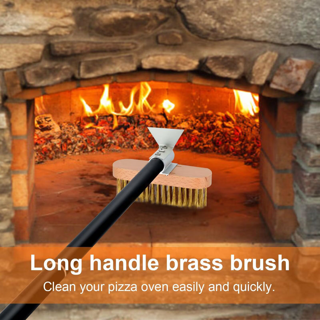 NUTUNI Pizza Oven Brush with Scraper, Brass Bristles Grill Brush with 33 or 47 Inch Long Handle, Pizza Oven Accessories