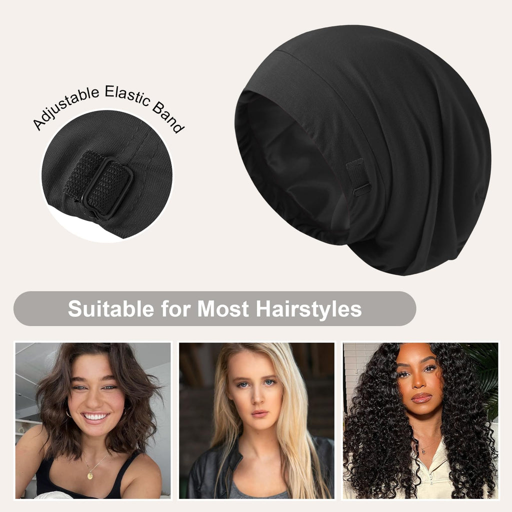 Silky Satin Lined Bonnet Sleep Cap Adjustable Strap Hair Wrap Slouchy Beanie Hat for Curly Hair Braids Night Caps for Women 2PCS(Black&Pink)