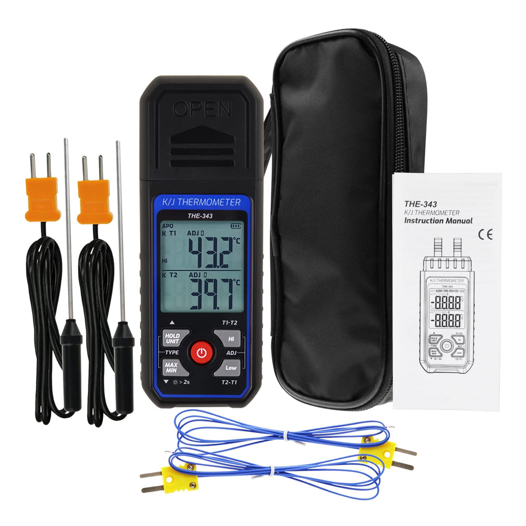 Thermocouple Thermometer Digital K Type Thermometer with 4 Thermocouples, -328~2500℉ Measuring Range HVAC Thermometer Dual Channels Temperature Meter Gauge with LED Backlight & ADJ Compensation