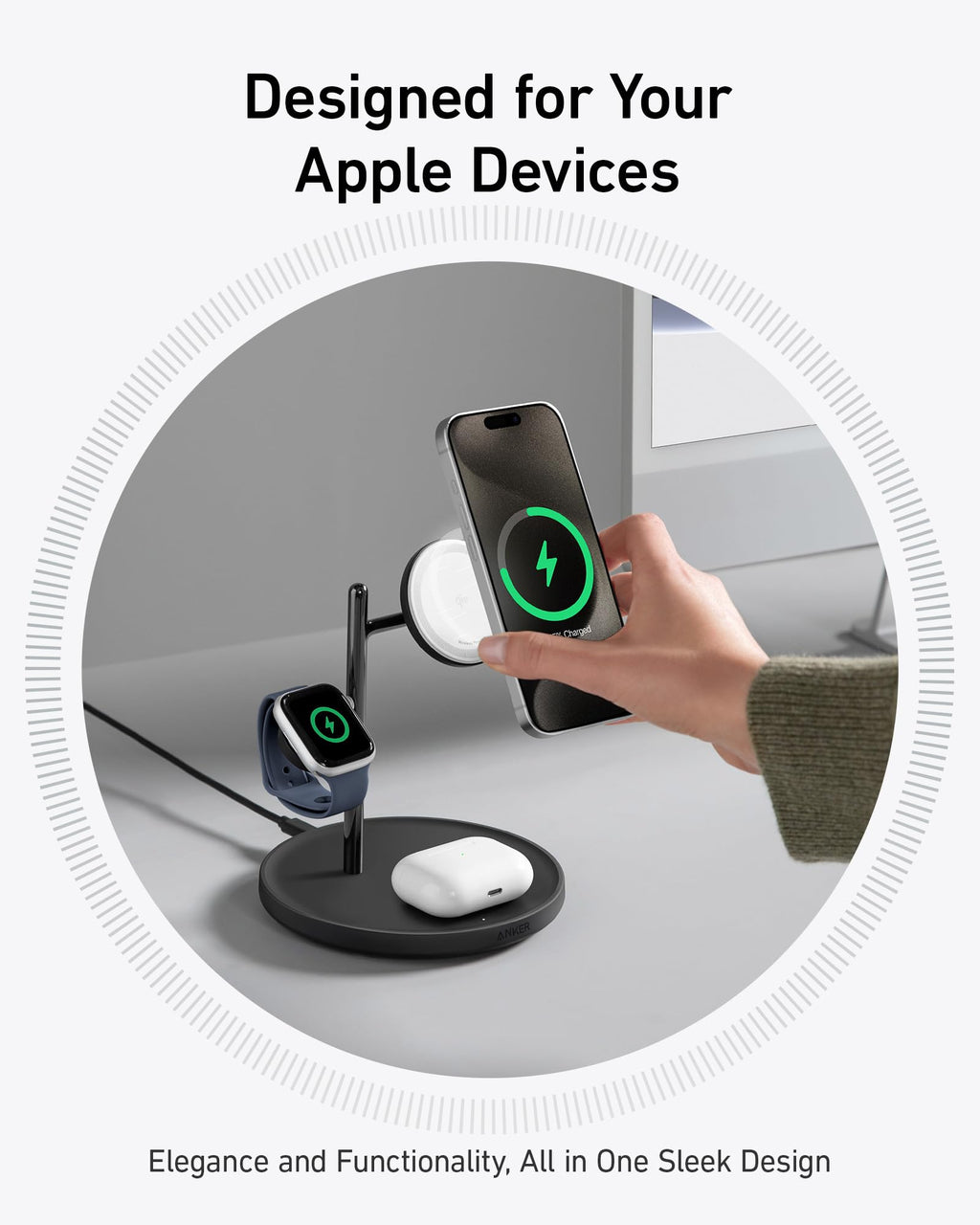 Anker MagSafe-Compatible iPhone 16 Wireless Charging Stand, MagGo 3 in 1 Wireless Charging Station, Qi2 Certified 15W Wireless Charger, Desk Accessory, for iPhone 16/15/14/13/12, Apple Watch, AirPods