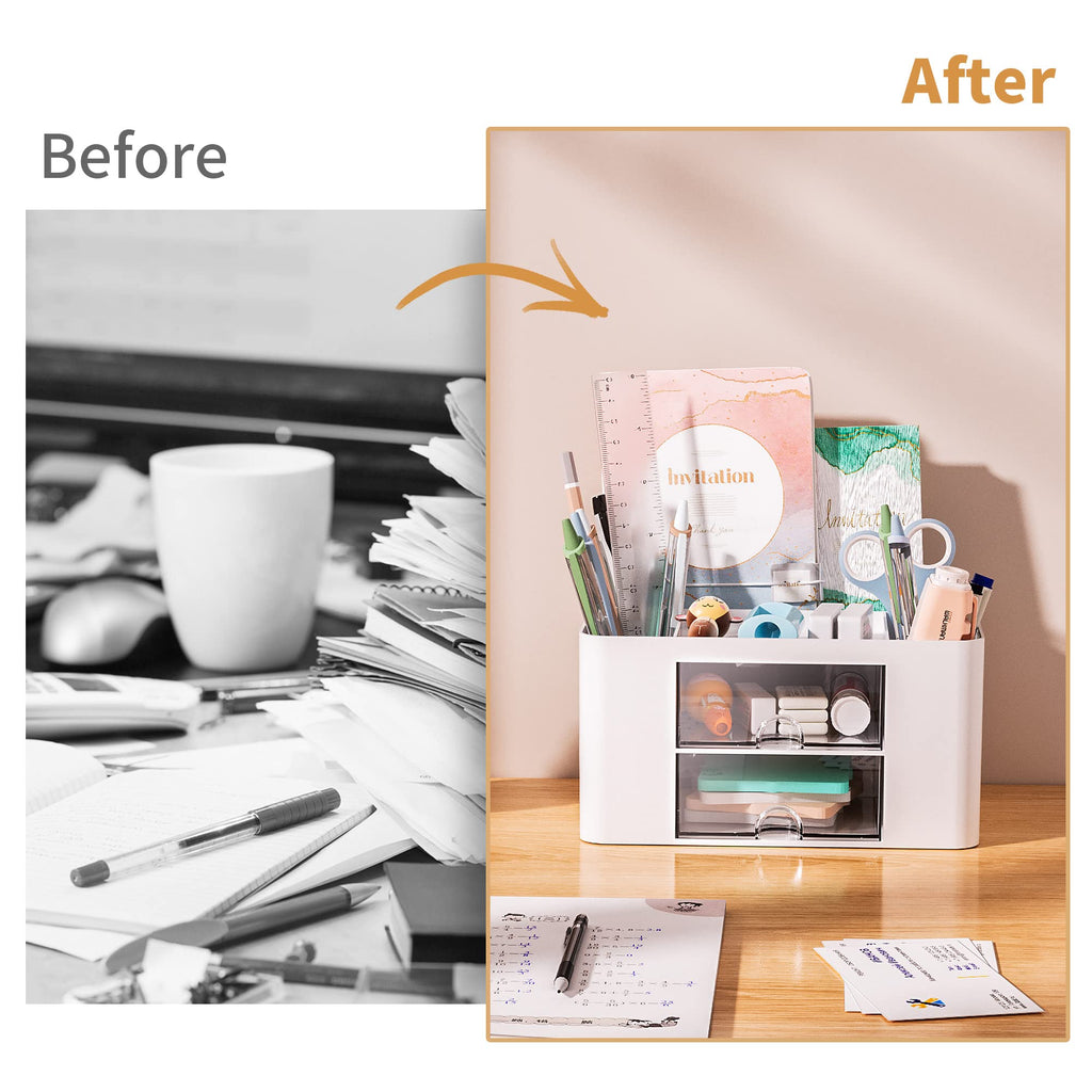 Pen Organizer with 2 Drawer, Multi-Functional Pencil Holder for Desk, Desk Organizers and Accessories with 5 Compartments + Drawer for Office Art Supplies (White)
