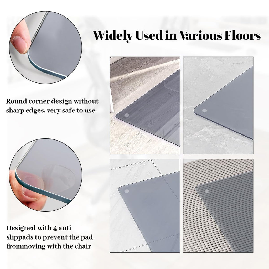 Tempered Glass Floor Mat for Office Chair, 36" x 46" Heavy Duty Hard Office Chair Mat, for Carpeted or Hard Floor, with 4 Anti-Slip Pads, Grey