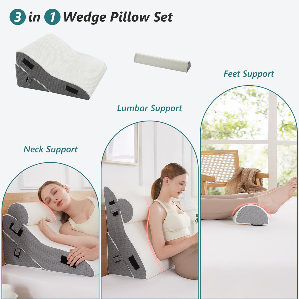 Longering 3 PCS Upgraded Bed Wedge Pillow for Sleeping - 35D Post Surgery Pillow for Back Leg Pain Relief - 22" Wide Adjustable Triangle Wedge Pillow Set for Acid Reflux & GERD & Snoring(white grey)