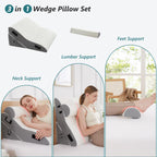 Longering 3 PCS Upgraded Bed Wedge Pillow for Sleeping - 35D Post Surgery Pillow for Back Leg Pain Relief - 22" Wide Adjustable Triangle Wedge Pillow Set for Acid Reflux & GERD & Snoring(white grey)