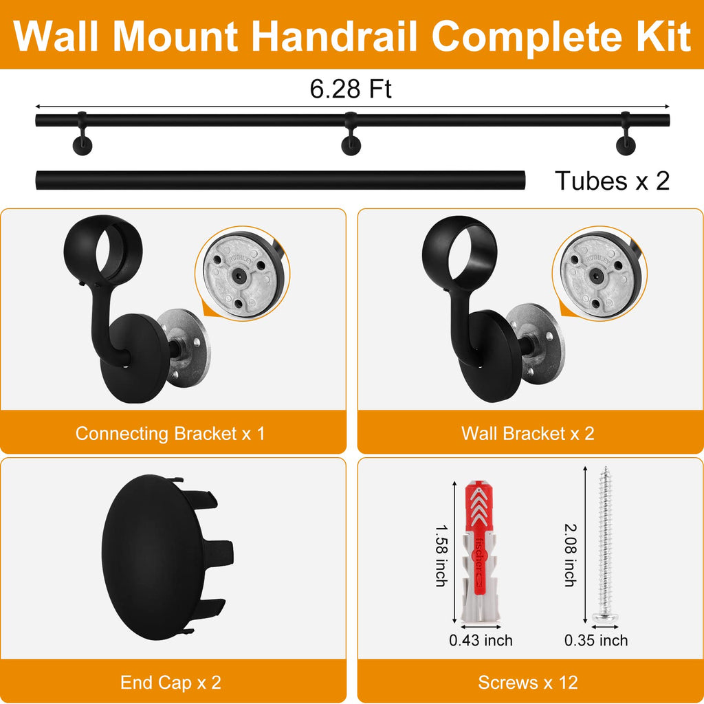ROTHLEY Pipe Handrails for Indoor Stairs: 6.6FT Stair Railing Steel Hand Railings for Stairs Indoor Wall Mount Stair Handrail Complete Kit 1.6" Round Metal Stair Railing for Elderly & Kids
