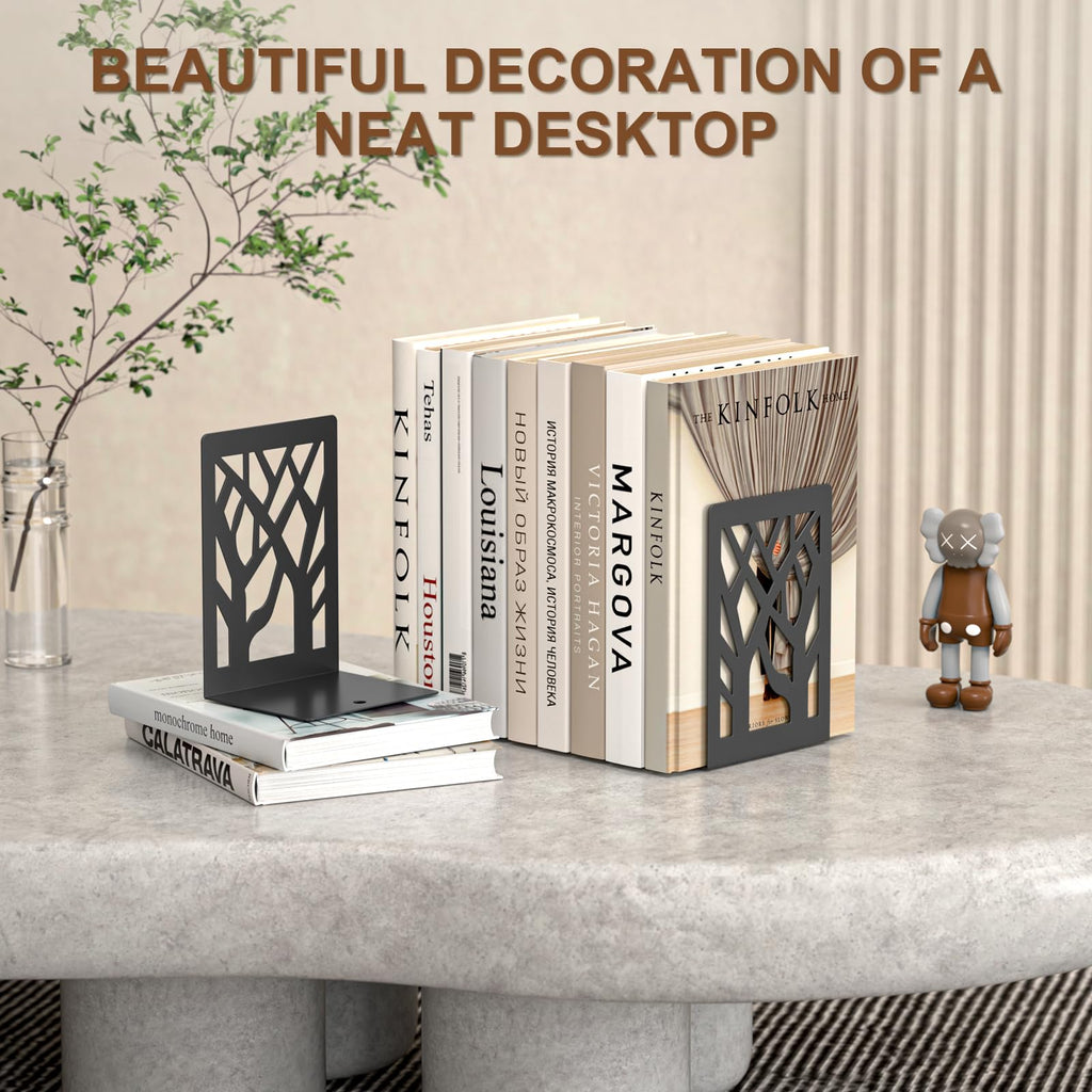4-Piece Modern Metal Bookends for Shelves, Black Tree Book Ends for Books, Decorative Book Organizer for Desk, Non-Skid Shelve Bookends for Home Office
