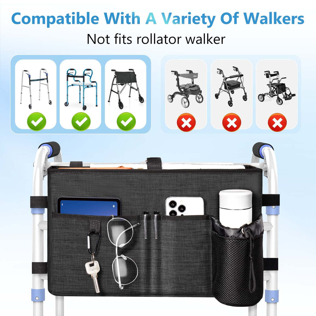 Rhino Valley Walker Bag, Multi Pockets Folding Walker Basket Tote Bag with Cup Holder, Hand-free Carry Pouch Storage Bag for Universal Walkers, Large Capacity Organizer for Seniors Elderly, Black