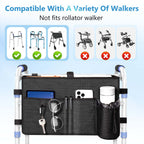 Rhino Valley Walker Bag, Multi Pockets Folding Walker Basket Tote Bag with Cup Holder, Hand-free Carry Pouch Storage Bag for Universal Walkers, Large Capacity Organizer for Seniors Elderly, Black
