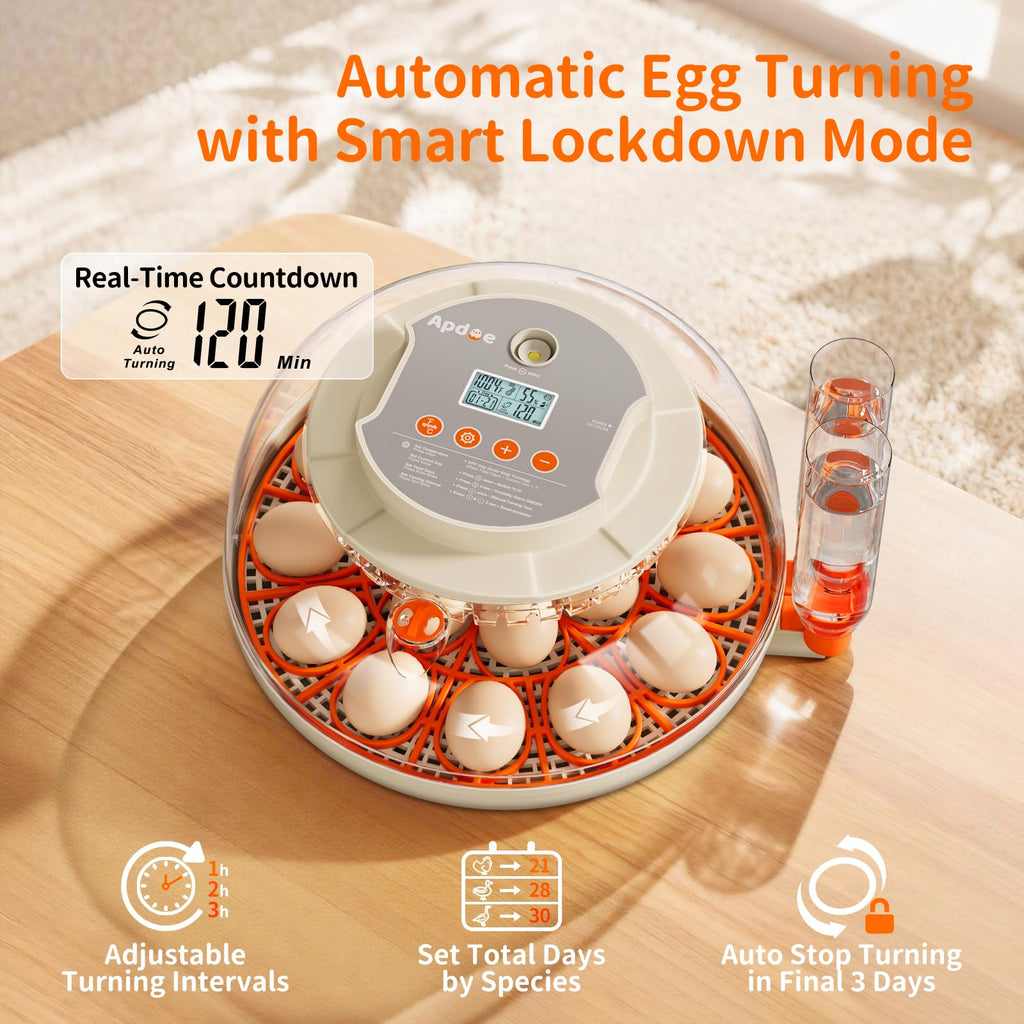 APDOE Egg Incubators for Hatching Eggs, Temperature and Humidity Control, Automatic Egg Turning, Egg Candler, External Water Bottle, Air Vent, for Chicken, Duck & Quail Eggs, 18 Eggs