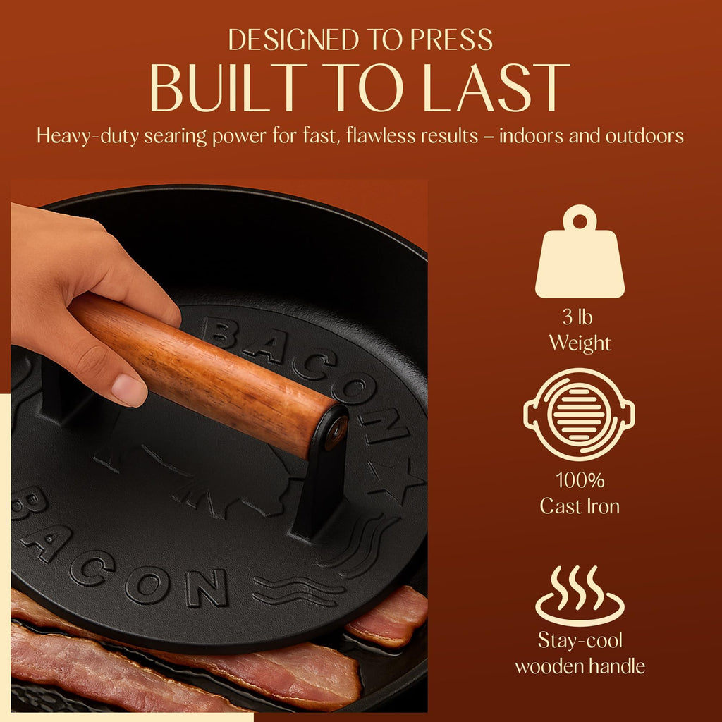Heavy-Duty Cast Iron Burger Press 7 Inch Round Burger Smasher, Grill Press for Cooking Burgers, Bacon, Sandwiches, Steak, Ground Beef, Meats, Sausages, and So On