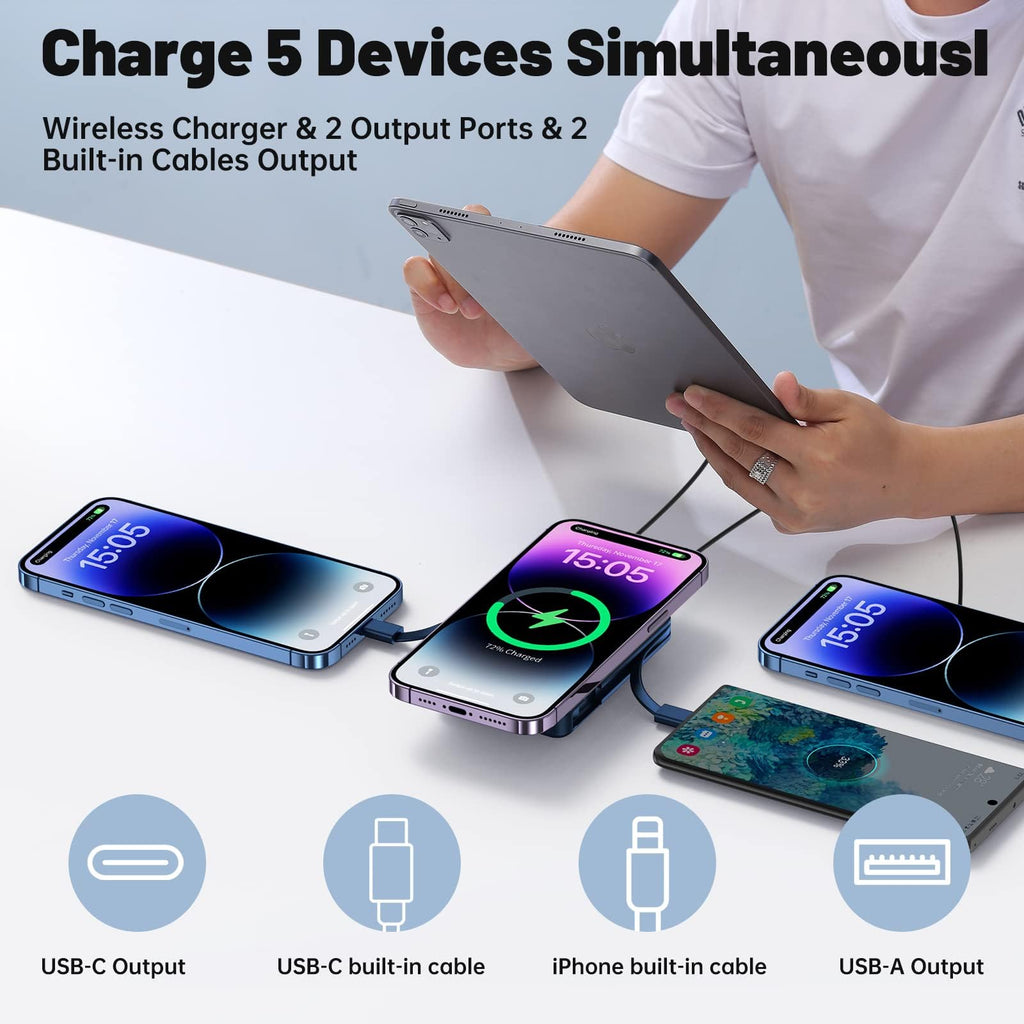 Yiisonger Magnetic Wireless Power Bank - 10000mAh Mag-Safe Portable Charger 22.5W PD Fast Charging with Built-in Cables LED Display, Magnetic Battery Pack for iPhone 16/15/14/13/12/Pro/Mini/Pro Max