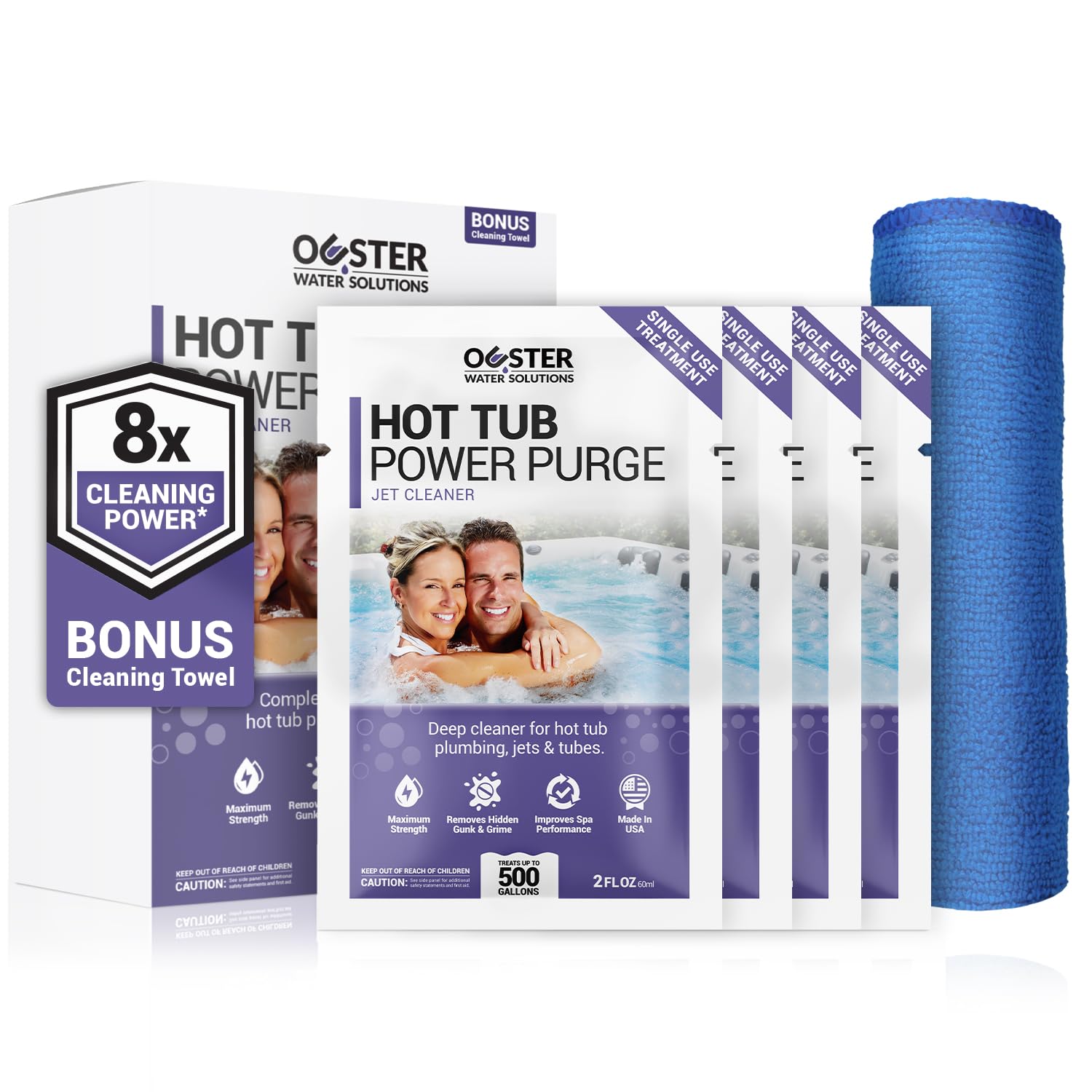 Bio Ouster Power Purge Hot Tub Jet Cleaner w/Towel - Hot Tub Cleaner for Jets, Tubes, Plumbing - for Standard & Inflatable Spas - Removes Gunk Buildup for Crystal Clear Water - Made in USA (4-Pack)