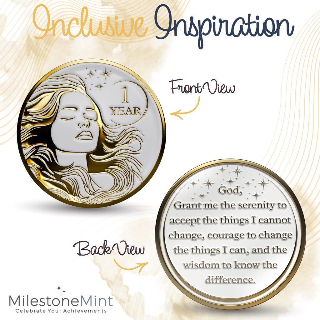MilestoneMint 1 Year Sobriety Coin Gift Set | Women's Serenity Token AA Chip Medallion with Coin Capsule, Display & Card | Sobriety Gifts for Women in Recovery for Anniversary Month & Year. (Gold)
