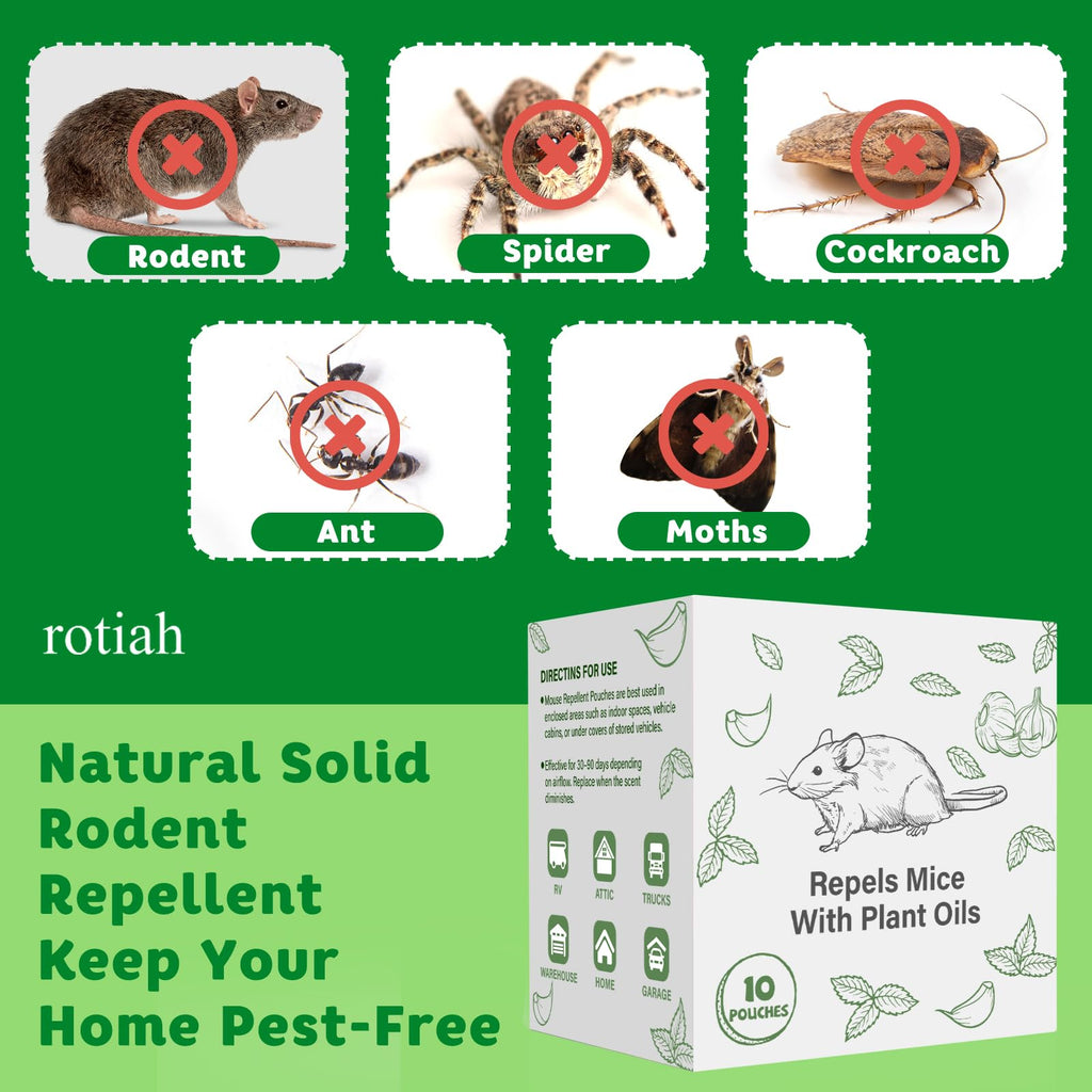 Pest Rodent Repellent Pouches, Peppermint Oil for Mouse, Roach, Ant, Spider, Squirrel, Mice, Rats, Pest Control Indoor Outdoor, Natural Mouse Deterrent Replace Traps Poison Family Pet Safe,10 Pack