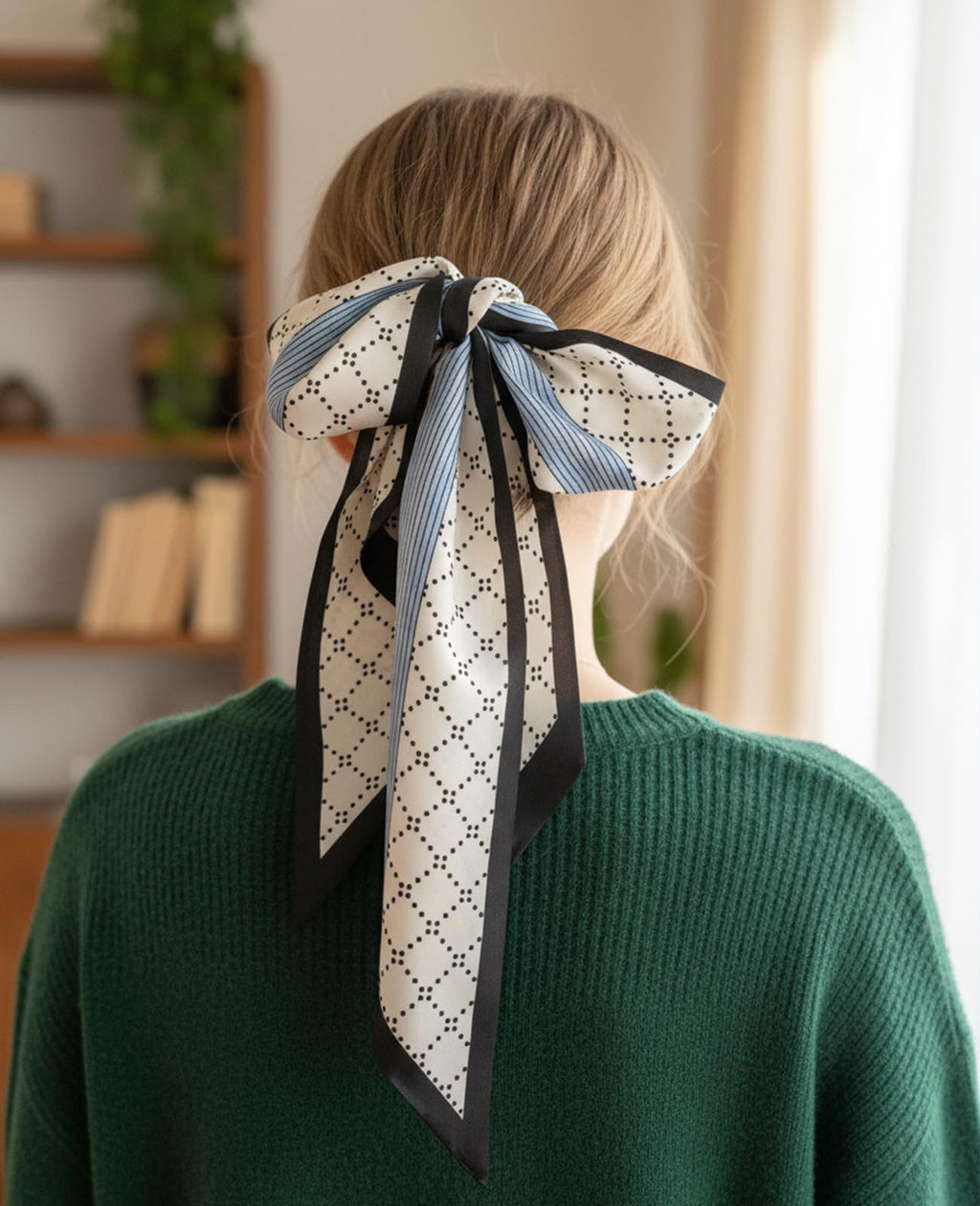 Fashion Scarf for Women - 58" Long Skinny Scarf Lightweight, Luxurious Silk Feeling for Neck, Hair, Purse & Belt Accessory (Blue-White Geometric)