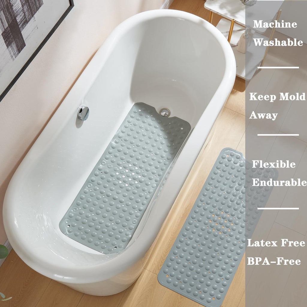 YANZIFLY Bathtub Mat for Shower: Soft Silicone 16X40 Inch Bath Mat Non Slip with Suction Cups Tub Mat for Bathroom for Kids Elderly Extra Large Shower matt Machine Washable - Grey