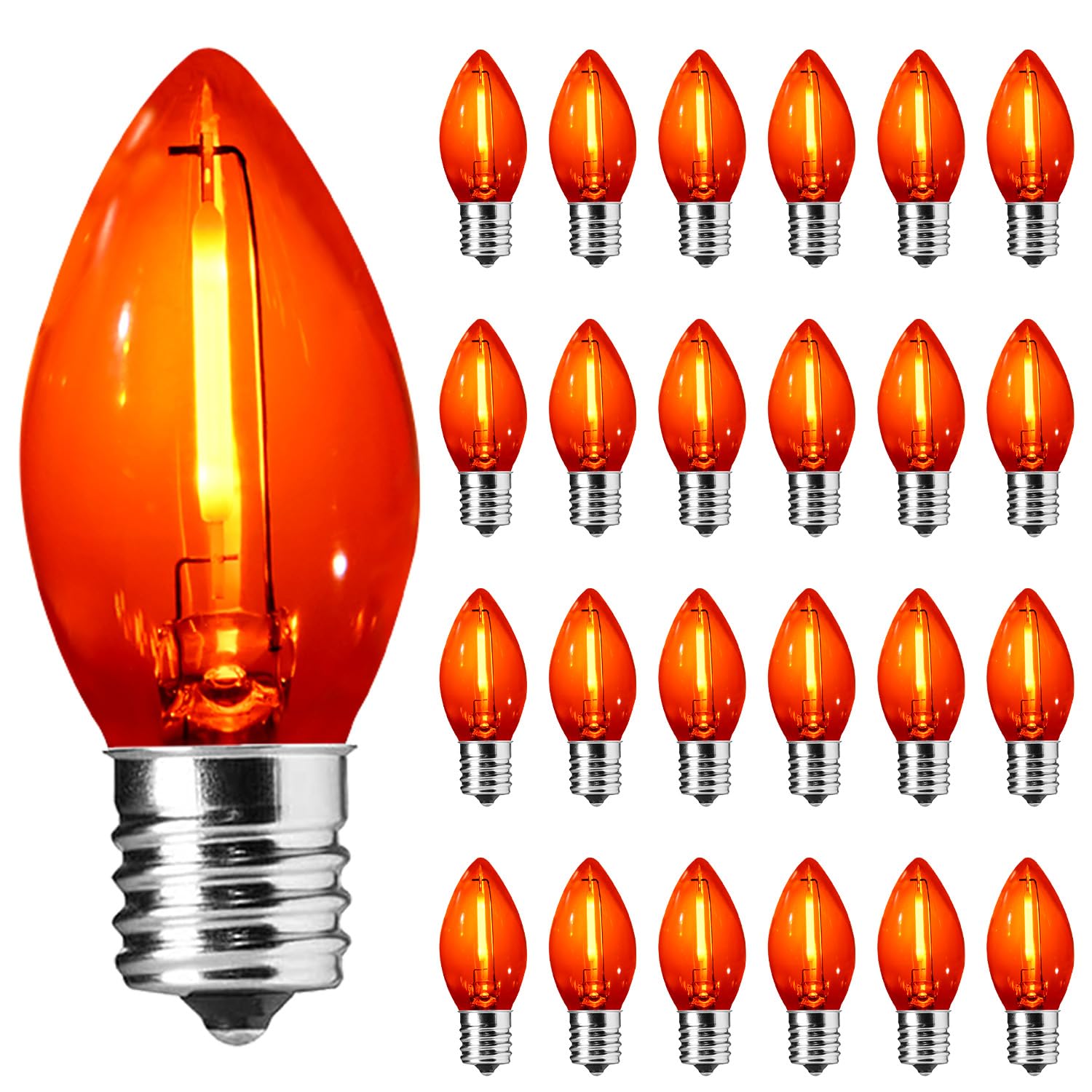 SOTOPOO Orange E12 LED Bulb, 25 Pack C7 Orange Light Bulbs, C7 LED Replacement Bulbs for Christmas Halloween Indoor Outdoor String Lights, C7/E12 Candelabra Bulb, 0.6Watt
