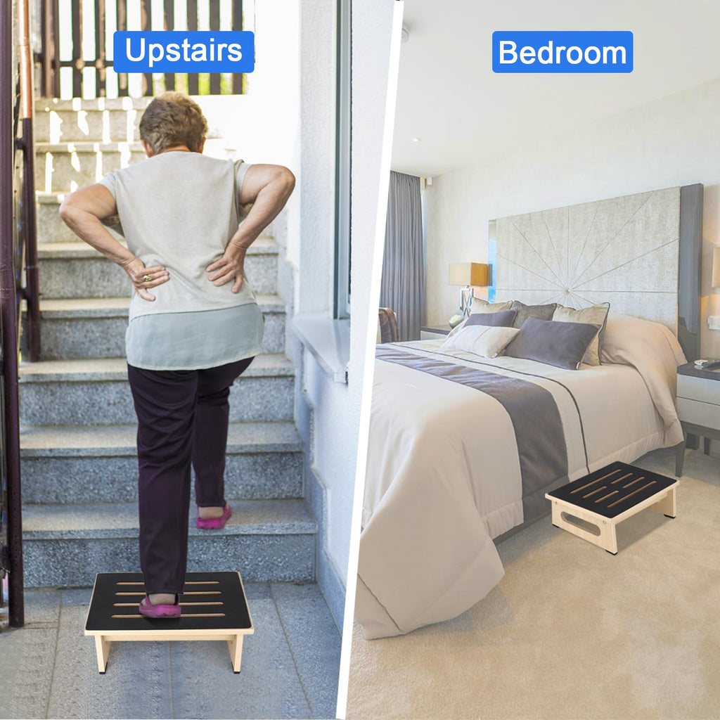 One Step Stool for Adults Seniors with Non-Slip Rubber Stepping Feet, Heavy Duty Platform Step Stools, 450 LB Portable Bed Steps for High Beds for Bathroom,Bedroom,Kitchen & Bedside Support,Light Wood