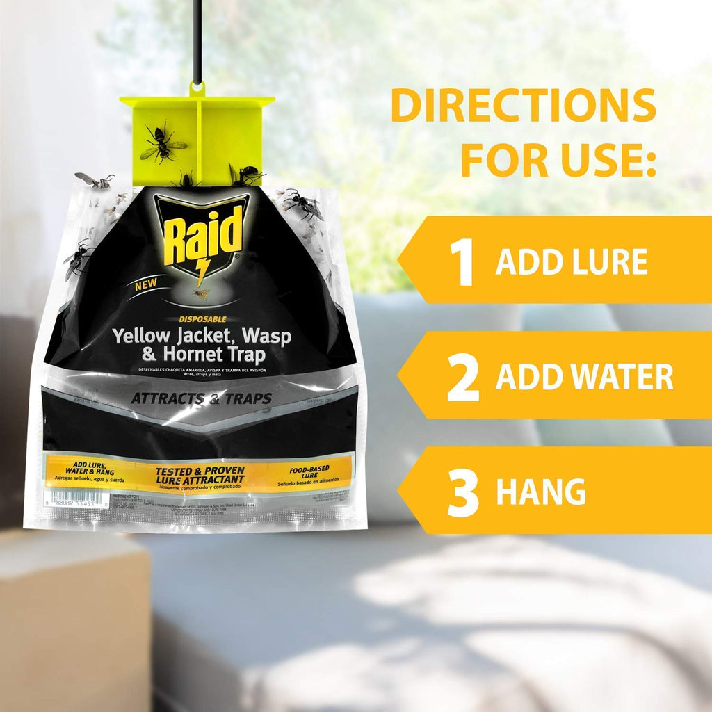 Raid Yellow Jacket and Wasp Trap (3-Pack), Outdoor Wasp Trap, Disposable Wasp and Yellow Jacket Trap Bag with Food-Based Attractant