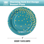 CENLBJ Blue Green Gold Paper Plates,100 Pack Gold Dots Party Paper Plates,Disposable Party Supplies Dessert Paper Plates for Father's Day,Independence Day,Birthday,Picnics(7Inch)
