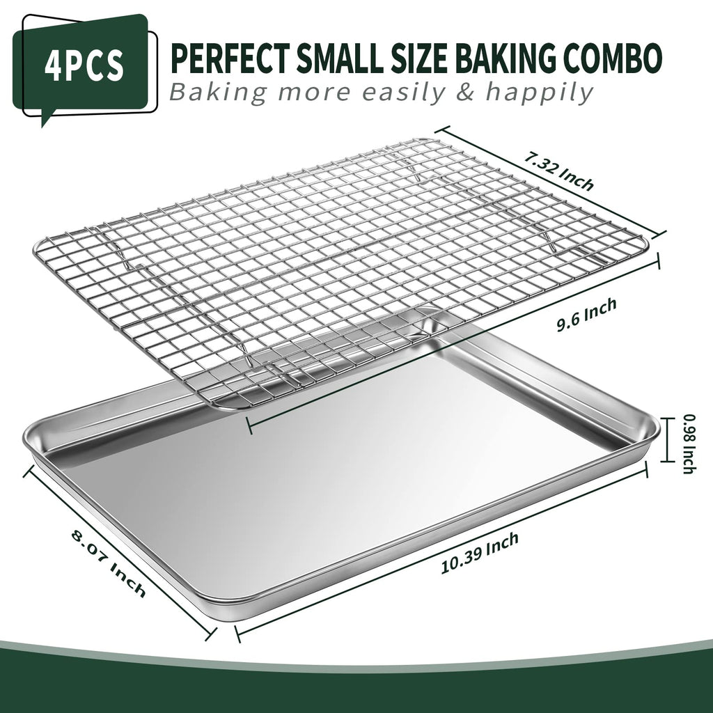 CEKEE 4 PCs Small Baking Sheet With Wire Rack Set [2 Pans + 2 Cooling Racks], 10 Inch Stainless Steel Tray - Rust & Warp Resistant, Easy Clean