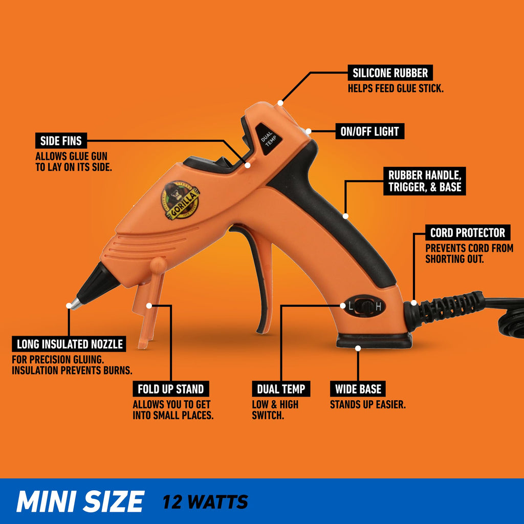 Gorilla Dual Temp Mini Hot Glue Gun Kit with 30 Hot Glue Sticks, Precision Nozzle, and Easy Squeeze Trigger, for DIY, Craft, Repairs, and More, Orange (Combo Pack:1 Mini Gun, 30 Glue Sticks)