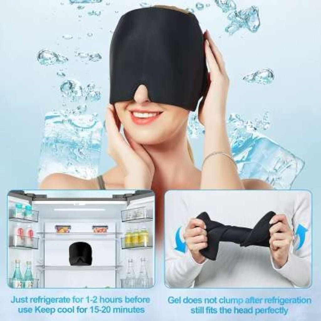 Headache Migraine Relief Cap, Wearable Strechable Migrine Hat for Migraine Ice Head Wrap, Ice Pack for Injuries Reusable Gel, Cold Hot Therapy Headache Relief Hat for Tension Stress Relief (Black)