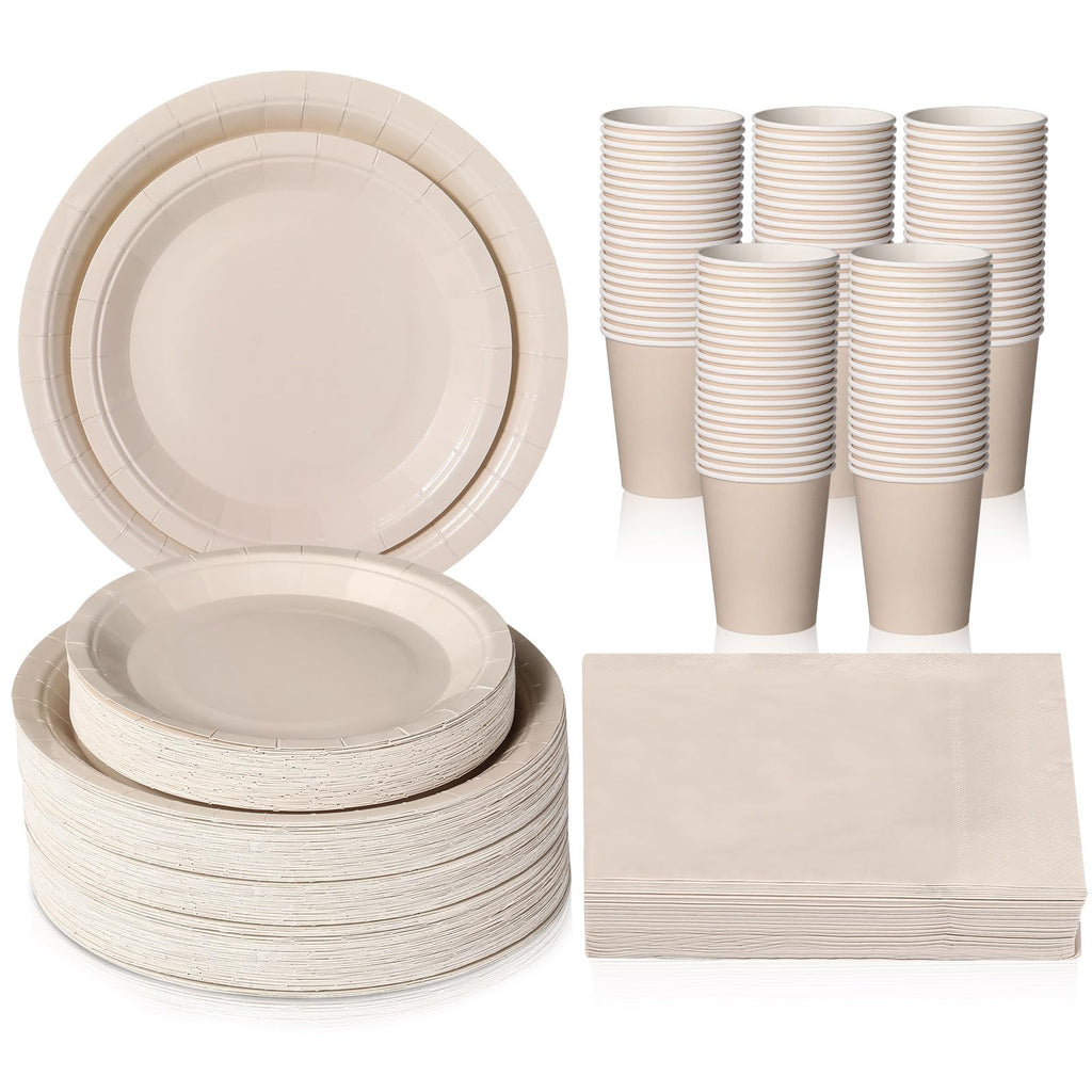 Tioncy 200 Pcs Disposable Paper Plates Cups and Napkins Party Supplies Serve 50 Guests Disposable Paper Dinnerware Set for Wedding Baby Shower Birthday Graduation Party Family Picnic(Ivory)