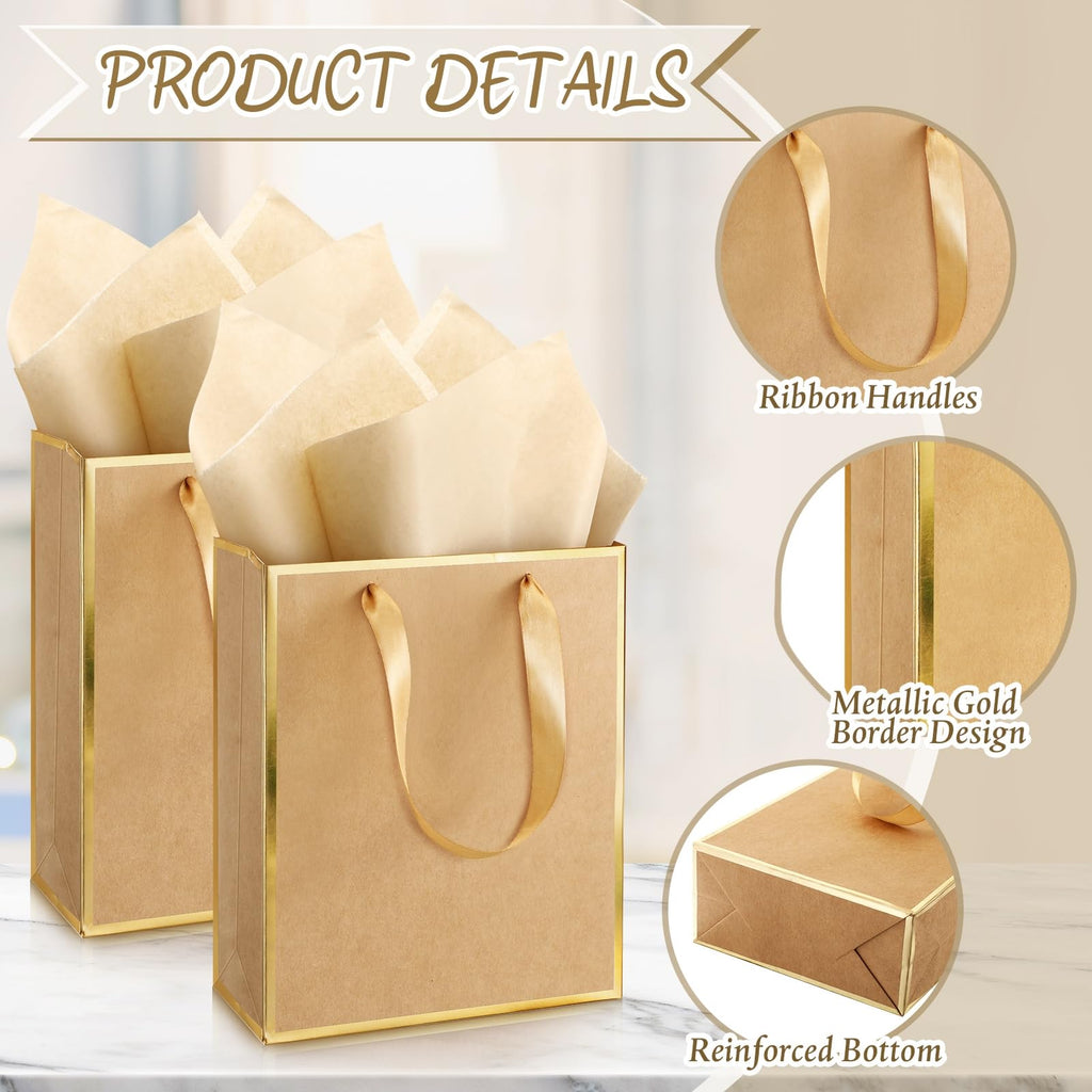 Yeaqee 24 Pack Metallic Paper Gift Bags with Handle and Tissue 9 x 7 x 3.1 Bridesmaid Welcome Gift Bag Thank You Bags for Party Favors for Women Men Fall Party Bridal Shower(Kraft, Gold)