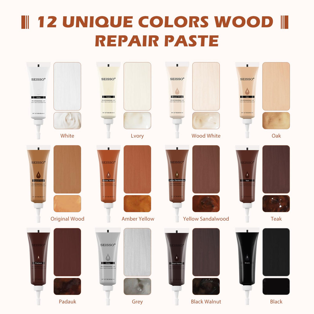 SEISSO Furniture Repair Kit, Wood Floor Repair Kit, Furniture Scratch Repair Wood Fillers, 12 Colors Touch Up for Wood Scratches, Stains, Floors, Laminate, Cabinet, Cherry, Tables, Carpenters
