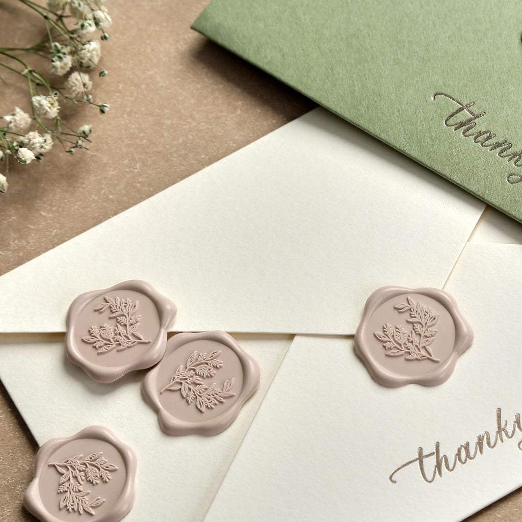 UNIQOOO Wax Seal Stickers - Eucalyptus Wedding Invitation Envelope Seal Stickers, 50 Pcs Self- Adhesive Taupe Stickers, Perfect for Invitation, Christmas, Gift Wrapping