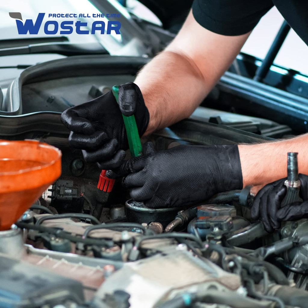 Wostar Black Nitrile Disposable Gloves Medium 8 Mil 100Pcs Latex & Powder-Free Industrial Raised Diamond Texture Black Gloves