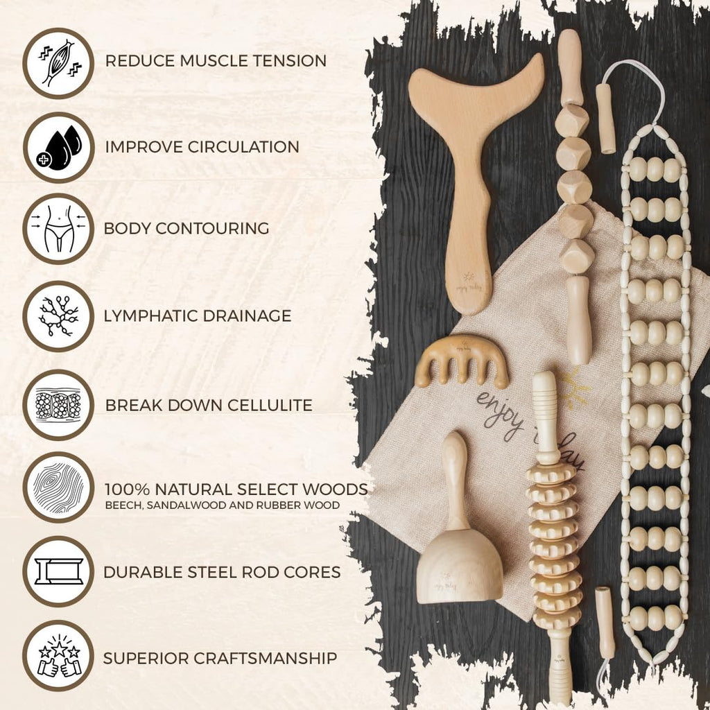 Enjoy Today 6 Pc Professional Solid Wood Therapy Massage Tools with Instruction Guide. Maderoterapia Kit with Lymphatic Drainage Massager, Cellulite Massager and Cupping Kit for Massage Therapy,
