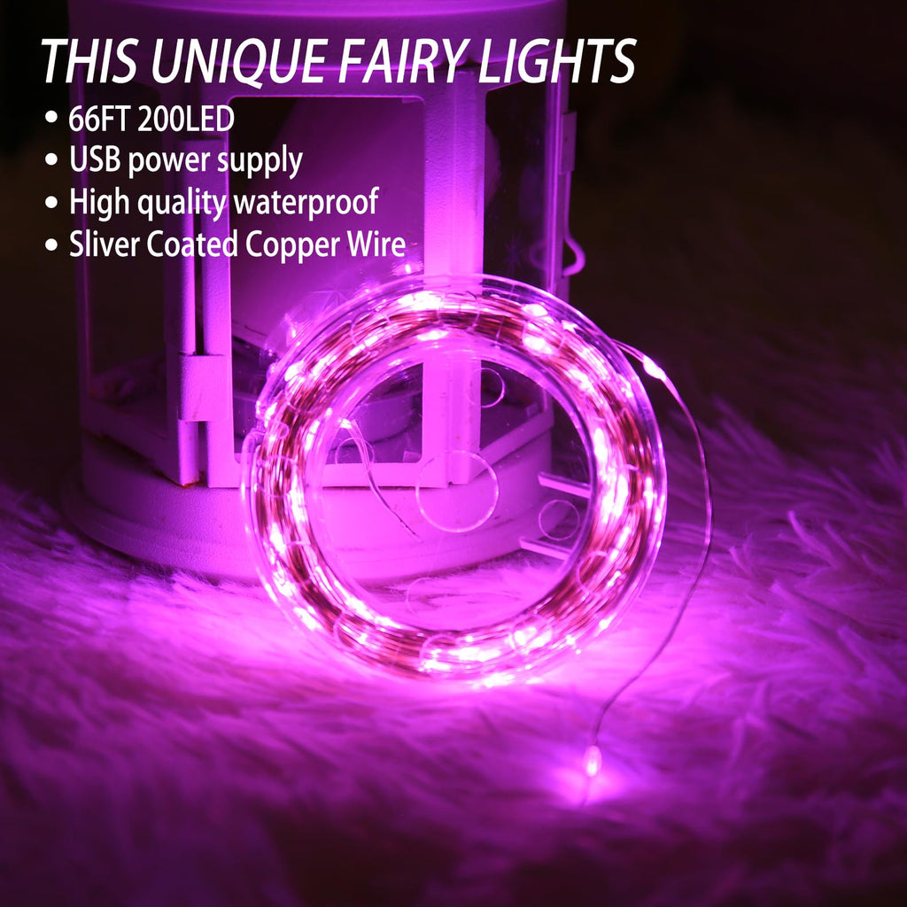 Fairy Lights 66 ft 200 LED USB Twinkle String Lights Plug in Silver Wire Lights with Remote and Timer 8 Modes Outdoor Waterproof Starry Lights DIY Party Wedding Christmas Decoration（Pink）