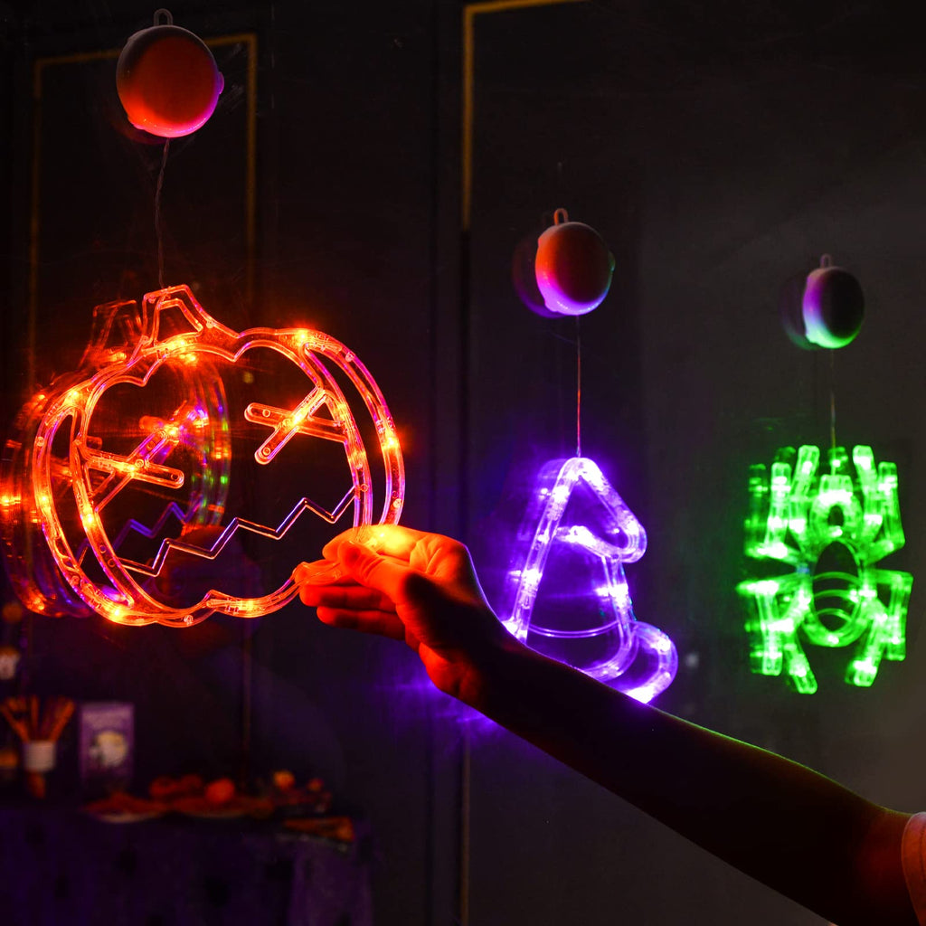 LOLStar Halloween Decorations 3 Pack Orange Pumpkin Green Spider Purple Witch Hat Halloween Window Lights with Suction Cup Battery Operated Halloween Lights, Upgrade Slow Fade Mode Timer Function