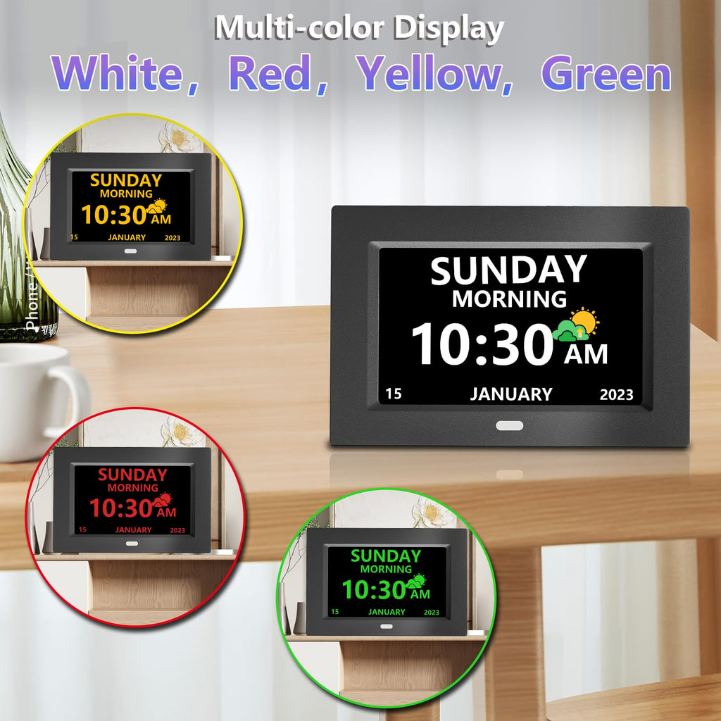 MRCHYDZ 7 Inch Clock with Day and Date for Elderly Large Display Digital Clock 12 Alarms 3 Medicine Reminders Large Font Dementia Clocks Alarm Clock for Seniors Day Clock Black