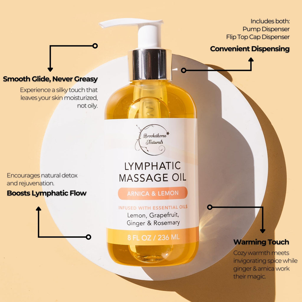 Lymphatic Massage Oil for Massage Therapy | 100% Natural Lymphatic Drainage Oil | Premium Quality with Arnica, Lemon & Ginger Oil | for Post Surgery Recovery & Detox | 8oz by Brookethorne Naturals