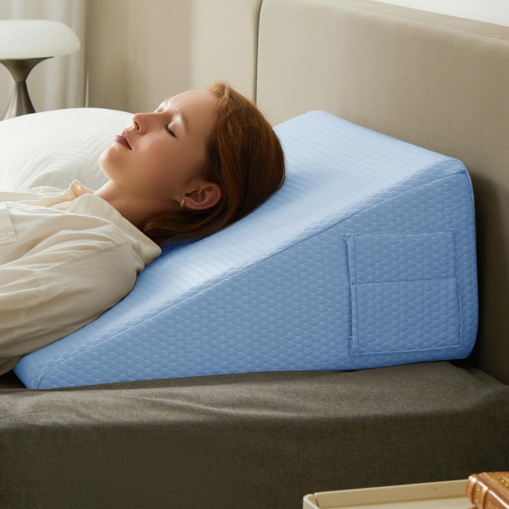 Bedluxe Wedge Pillow for Sleeping, 10 inch Elevated Support Bed Wedge Pillow, Breathable Triangle Pillow Wedge with Cooling Memory Foam Top - Removable Washable Cover, Light Blue