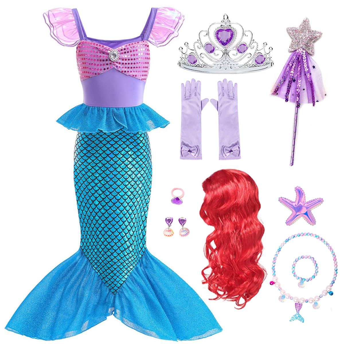 iTVTi Little Girls Mermaid Costume for Girls Princess Dress Up Ariel Outfits with Accessories Wig Birthday Party Halloween Cosplay, Blue, 5-6 Years(Tag 130)