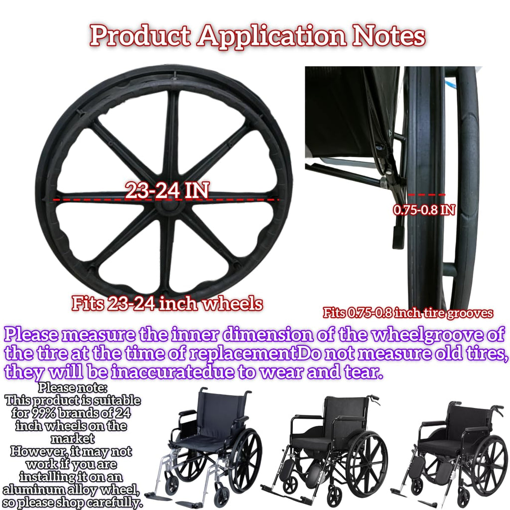 LEHUOJIA wheelchair tires 24"X1"（1 pair）Fits all brands of wheelchair accessories, Universal Flat Free Polyurethane Tire Manual replacement of wheelchair parts, comes with mounting tool ties (black