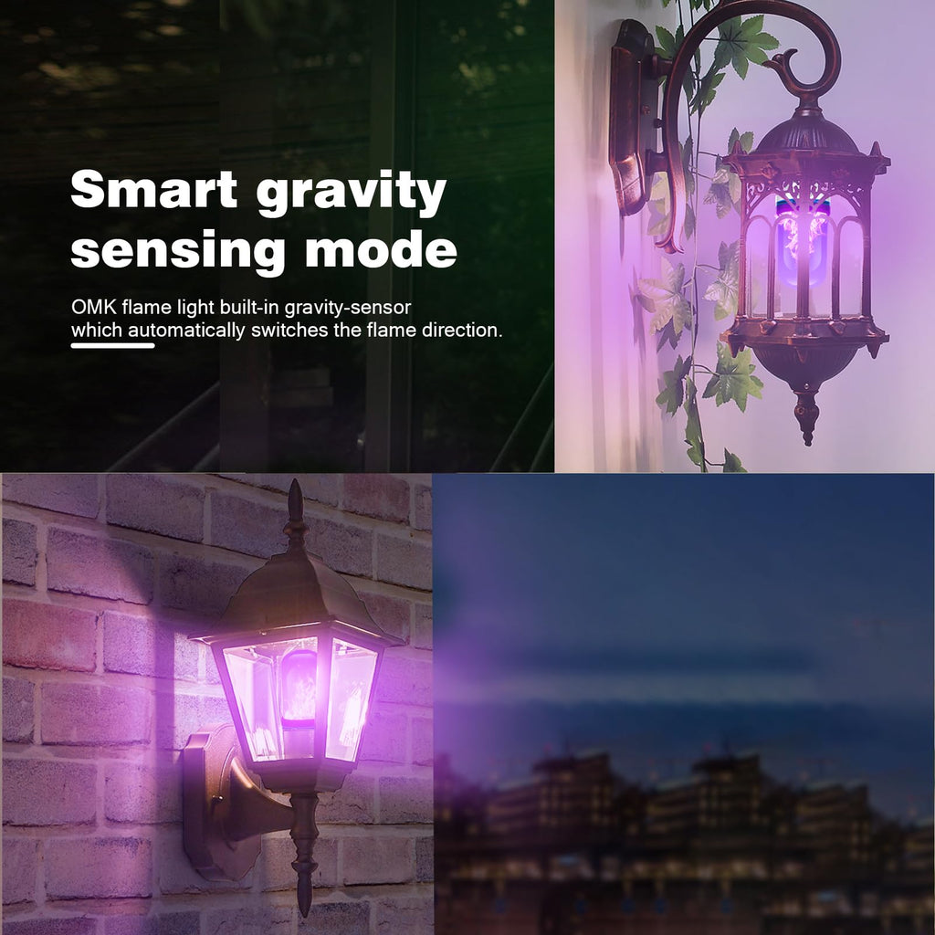OMK 【Upgraded】 Purple LED Flame Light Bulbs - Flickering Light Bulbs with Gravity Sensing, E26 Base Flame Bulb, Holiday Christmas Indoor Outdoor Light Bulbs, Valentine Decoration Gifts Lights (2Pack)