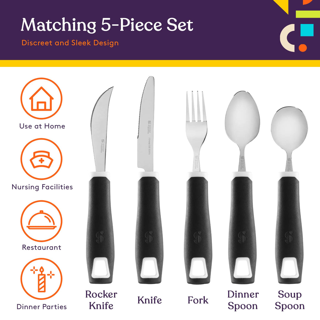 Special Supplies Adaptive Utensils 5-Piece Set Non-Weighted, Non-Slip Handles for Hand Tremors, Arthritis, Parkinson’s or Elderly Use - Stainless Steel Knife, Rocker Knife, Fork, Spoons (Black)