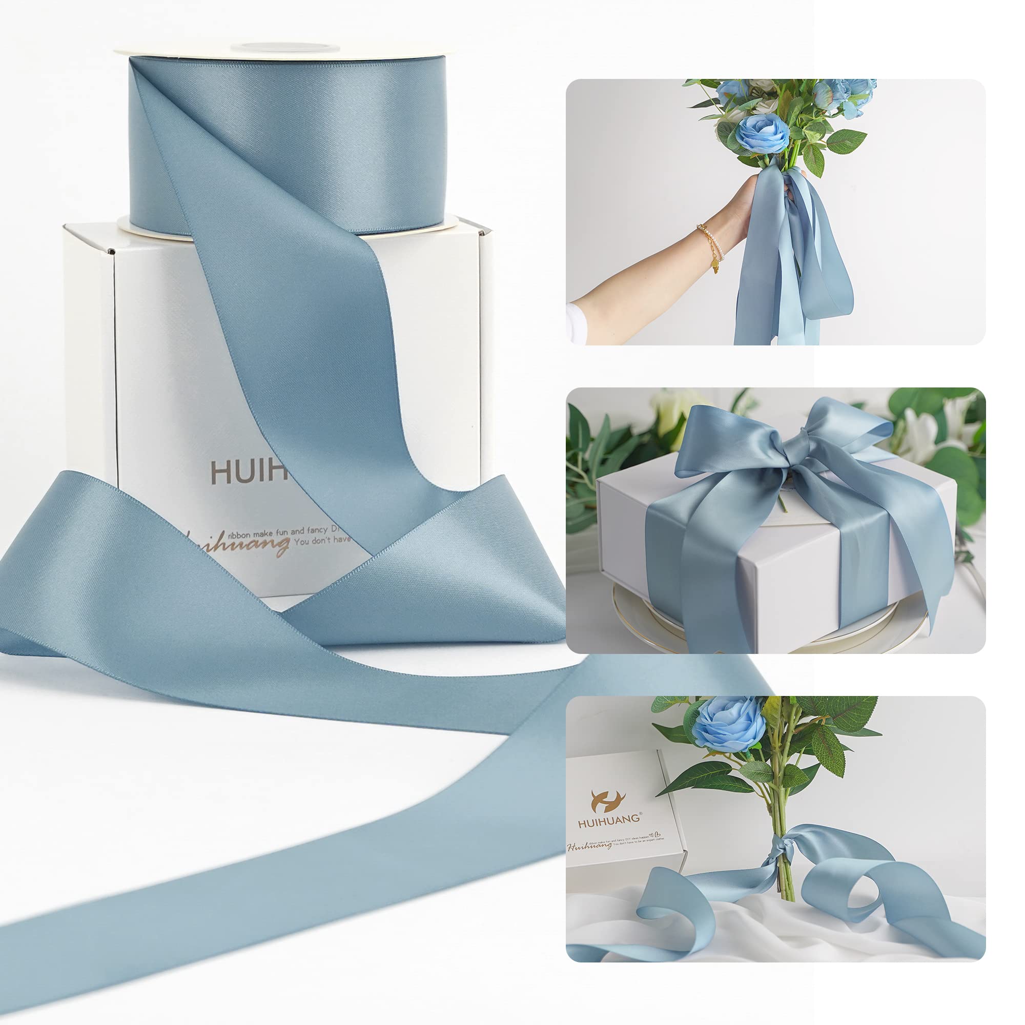 HUIHUANG Dusty Blue Ribbon 2 inch Wide Double Face Blue Satin Ribbon for Flower Bouquet, Dusty Blue Silk Satin Ribbons for Wedding Invitation, Gift Wrapping, Holiday Decor, Bows Making -25 Yards/Roll