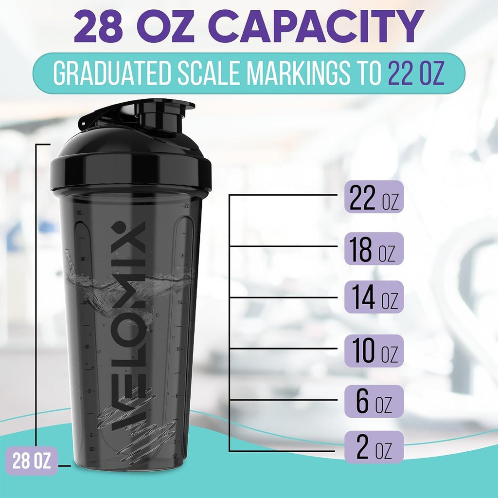 VELOMIX -2 Pack- 28 oz Protein Shaker Bottles for Protein Mixes - 2x Wire Whisk | Leak Proof Shaker Cups for Protein Shakes | Protein Shaker Bottle Pack | Shakers for Protein Shakes - Black&Red