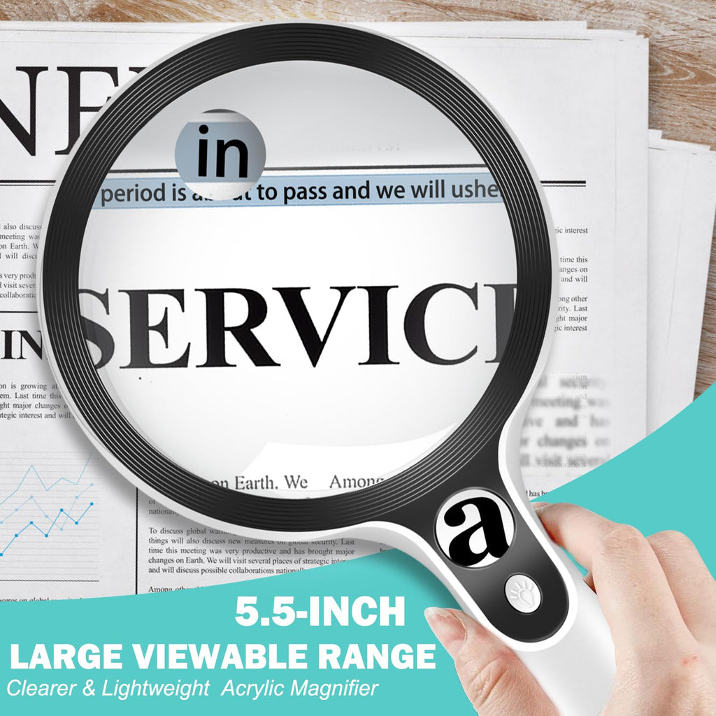 Large Magnifying Glass with Lights,10X 25X 45X Handheld Lighted Magnifier, 5.5in Page Magnifier 36 LED Lights, Magnifying Glass for Reading Small Prints & Low Vision Seniors with Aging Eyes