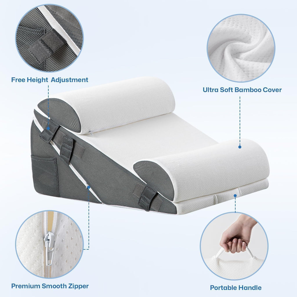 GOHOME Cooling Wedge Pillow Set for After Surgery, 4-Piece Adjustable Memory Foam Bed Wedge Pillow for Sleeping, Acid Reflux, Snoring, Neck Pain and Back Pain, White and Grey