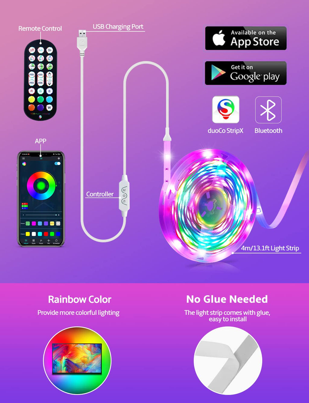 MATICOD LED Lights for TV Led Backlight, 13.1ft RGB Led Strip Lights for TV Lights Behind, USB Led Light Strip for 45-60in TV, Bluetooth APP Control Music Sync Strip Lighting for Christmas Decorations
