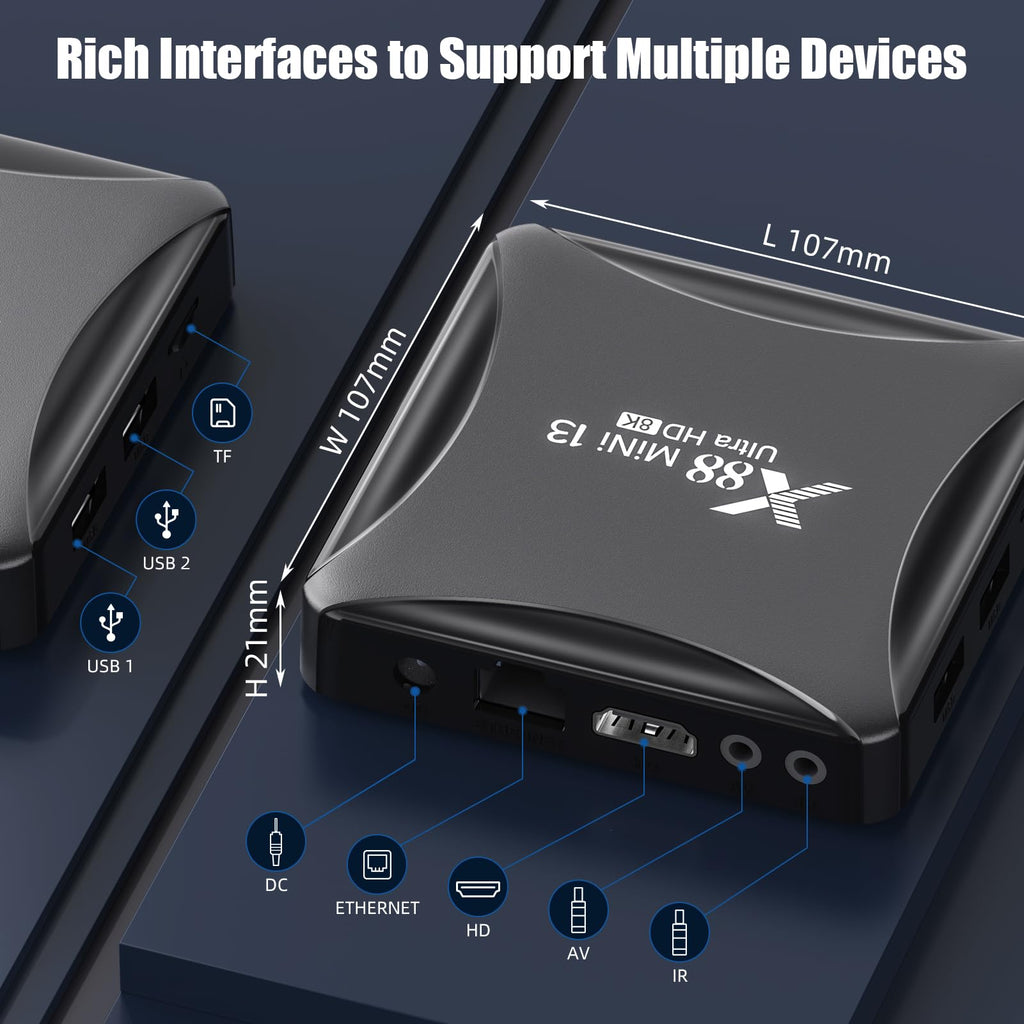 Android 13.0 TV Box 4GB RAM 32GB ROM TV Box RK3528 Quad-Core 64bit Cortex-A53 with Dual Wi-Fi 2.4G/5.0G, BT 5.0/ 3D Ultra HD 8K/ H.265/ 100M LAN/USB 3.0 Smart TV Box