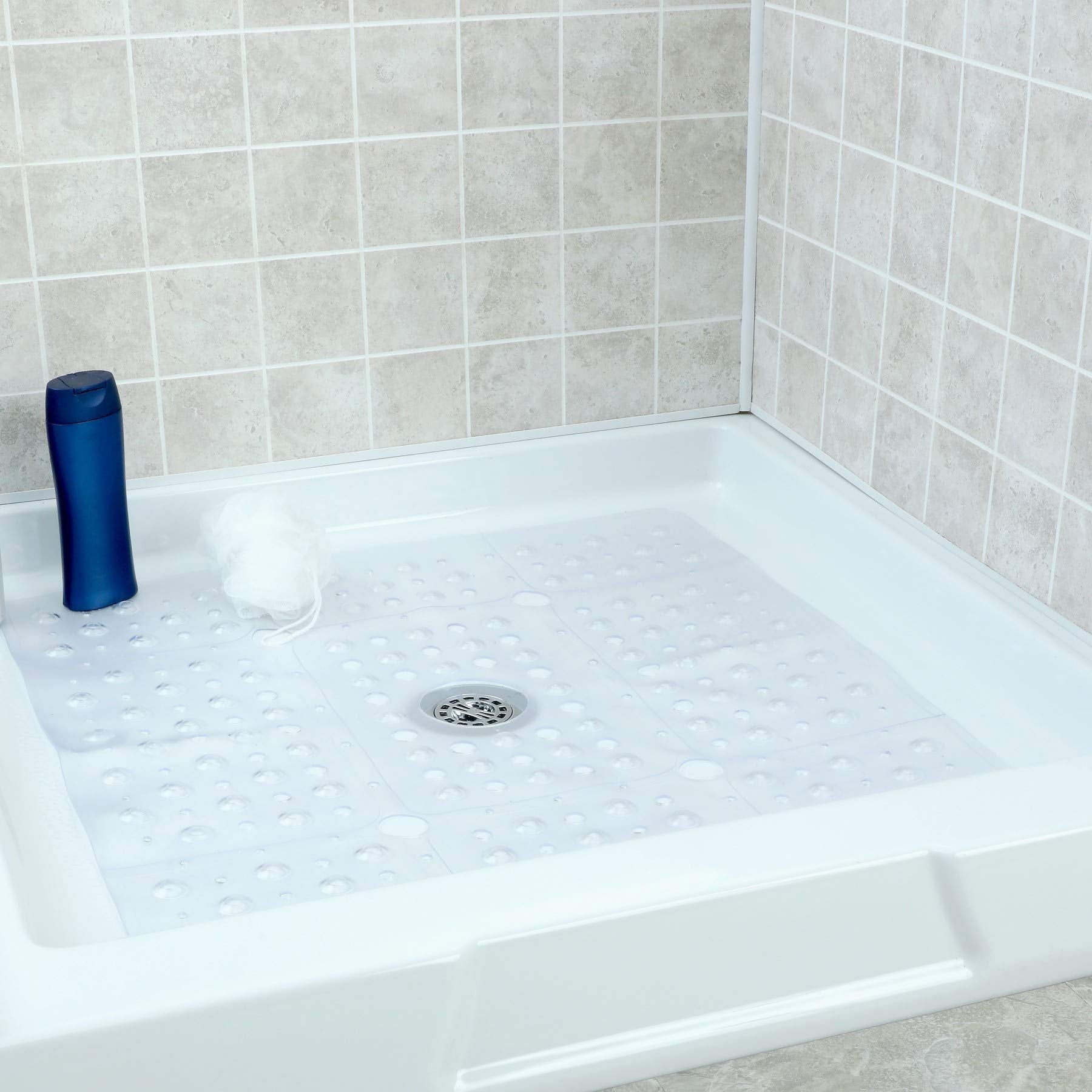 SlipX Solutions Extra Large Square Shower Mat, 27"x27", Non-Slip Stall Mat for Elderly & Kids Standing Bath Tub Mat, Machine Washable, Suction Cups, Clear